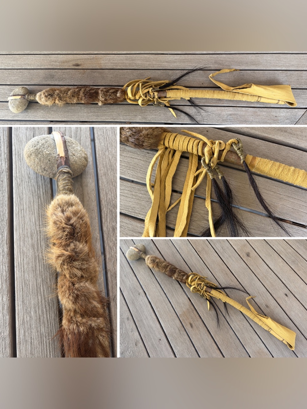 Handmade Fur and Suede Hair Stick - Yellow and Brown